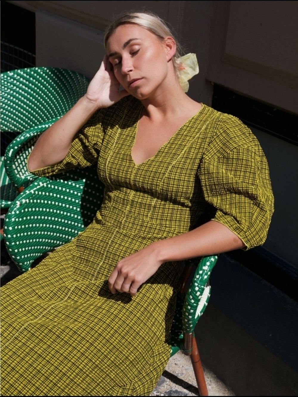 Notes Du Nord Yellow Black Checked V-Neck Midi Dress